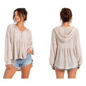 SO Waffle Knit Hoodie Women Small Oatmeal Babydoll Henley Peplum Boho Top